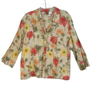 JM Collection‎ Beige Floral 100 % Linen Button Shirt Tie sleeve Cottagecore 18